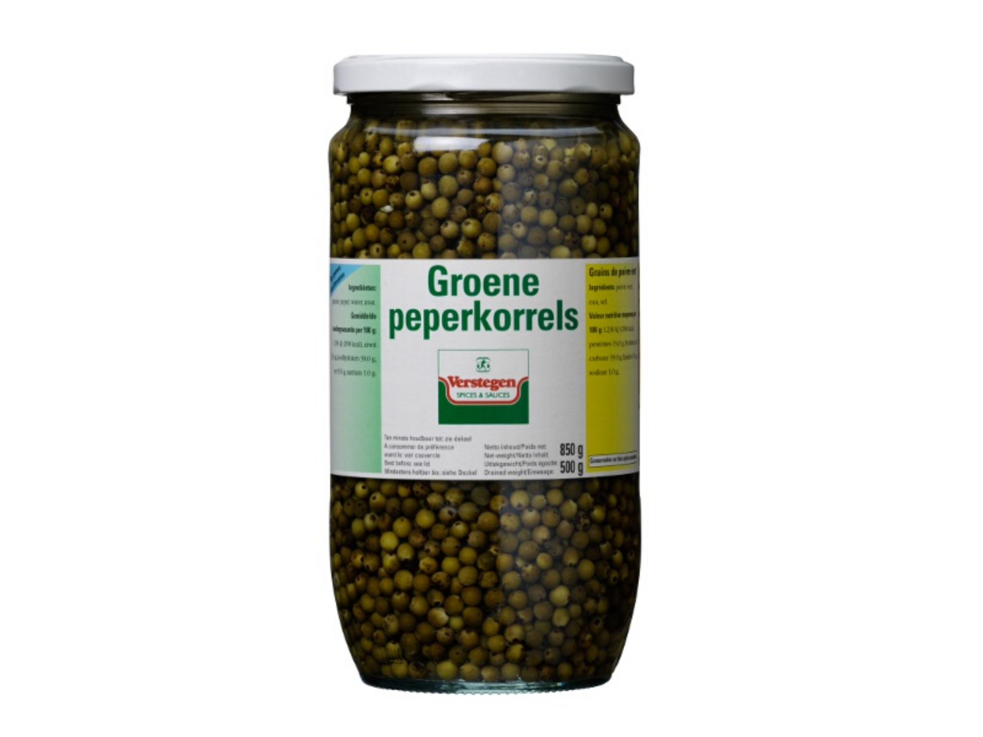 2631 Groene peperkorrels op sap 850gr